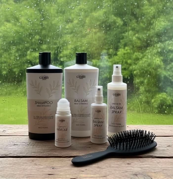 Hair care products on a wooden shelf (placeholder photo)